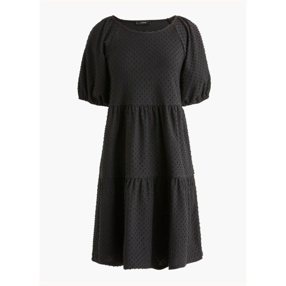 J.Crew Black Clip-Dot Tiered Mini Dress Puff Sleeve Scoop Neck Small